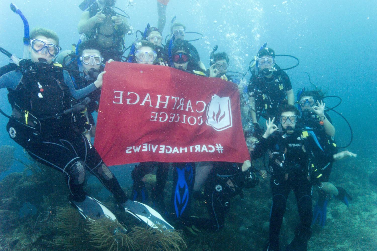 学生们手持<a href='http://k5.hatchingit.com'>bv伟德ios下载</a>旗帜，在j学期洪都拉斯游学之旅中潜水.